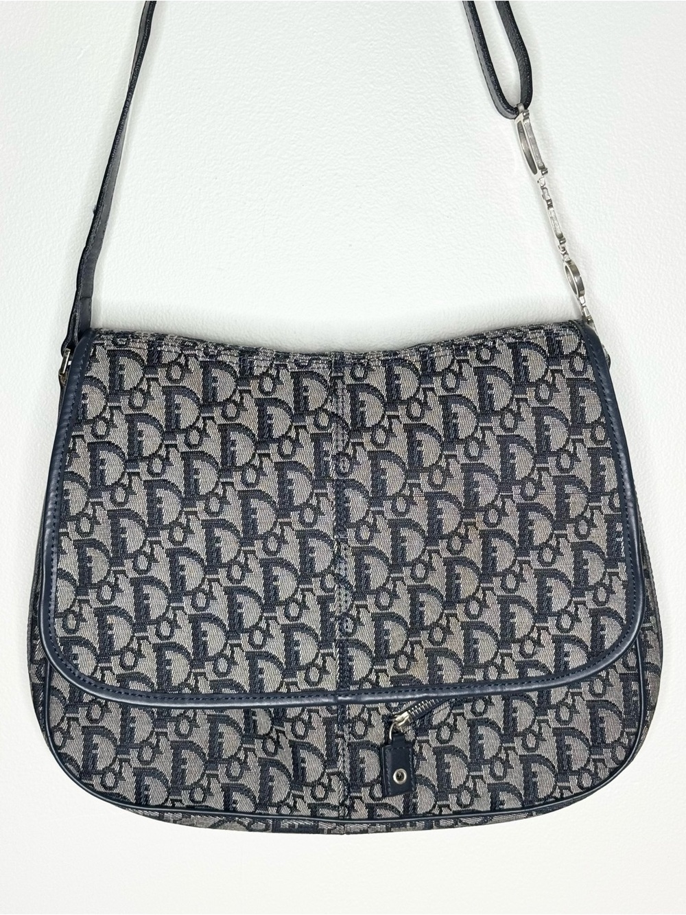 Authenticated Vintage Christian Dior Navy Oblique Trotter Canvas Flap Bag